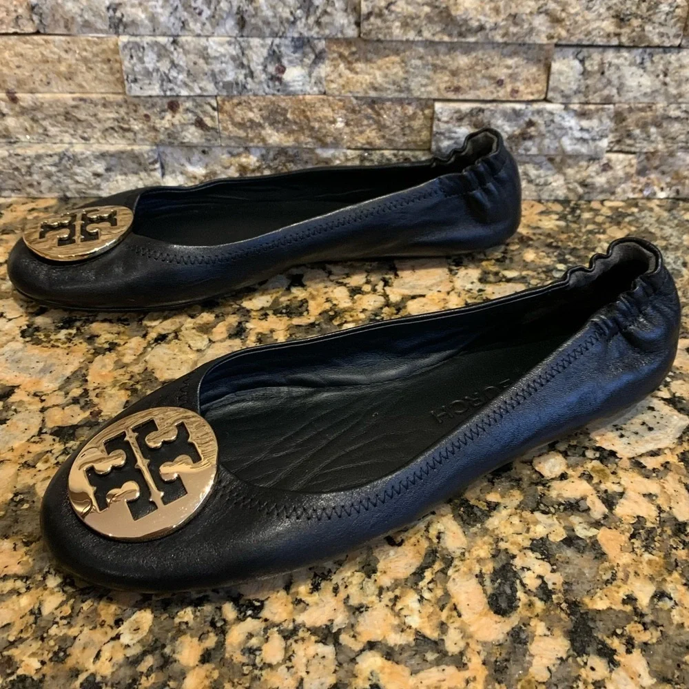 Tory Burch Minnie Travel Medallion Ballet Leather Flat Black Gold